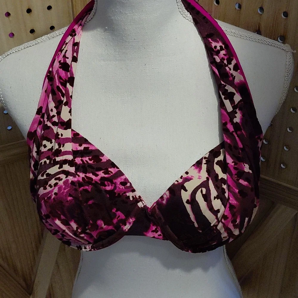 a.ch’e Y2K Leopard Print Halter Bikini Top Pink Black 32E 34DD 36D 38C